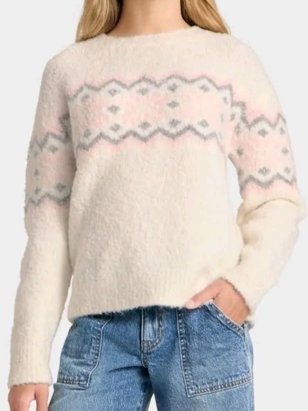 art class Cream Fair Isle Sweater with Pink & Gray Pattern